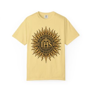 IHS Christogram Tee, AMDG Golden Sunburst, For the Greater Glory of God, Latin Catholic Gift for Jesuit Alumni or Graduates, Comfort Colors image 4