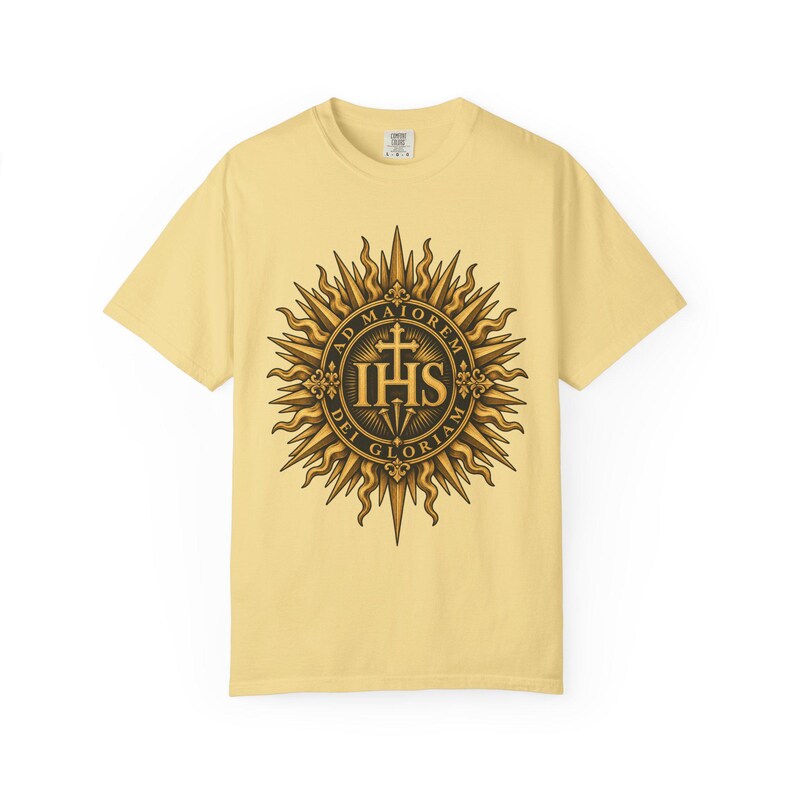IHS Christogram Tee, AMDG Golden Sunburst, For the Greater Glory of God, Latin Catholic Gift for Jesuit Alumni or Graduates, Comfort Colors image 4