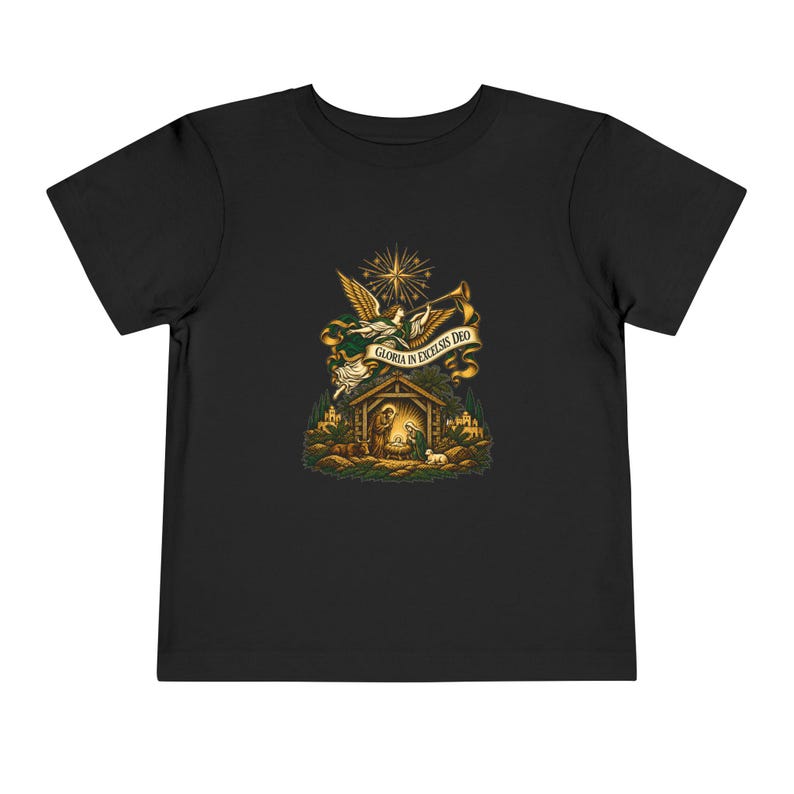 Camiseta infantil con trompeta de ángel heraldo, Gloria a Dios en las alturas, Camiseta navideña, Regalo cristiano de Navidad para niños pequeños, Natividad imagen 3