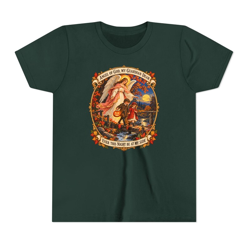 Camiseta infantil con la oración del Ángel de Dios, camiseta juvenil del Ángel Guardián, regalo católico para niños "Mi querido Guardián", arte vintage de puente otoñal. imagen 11