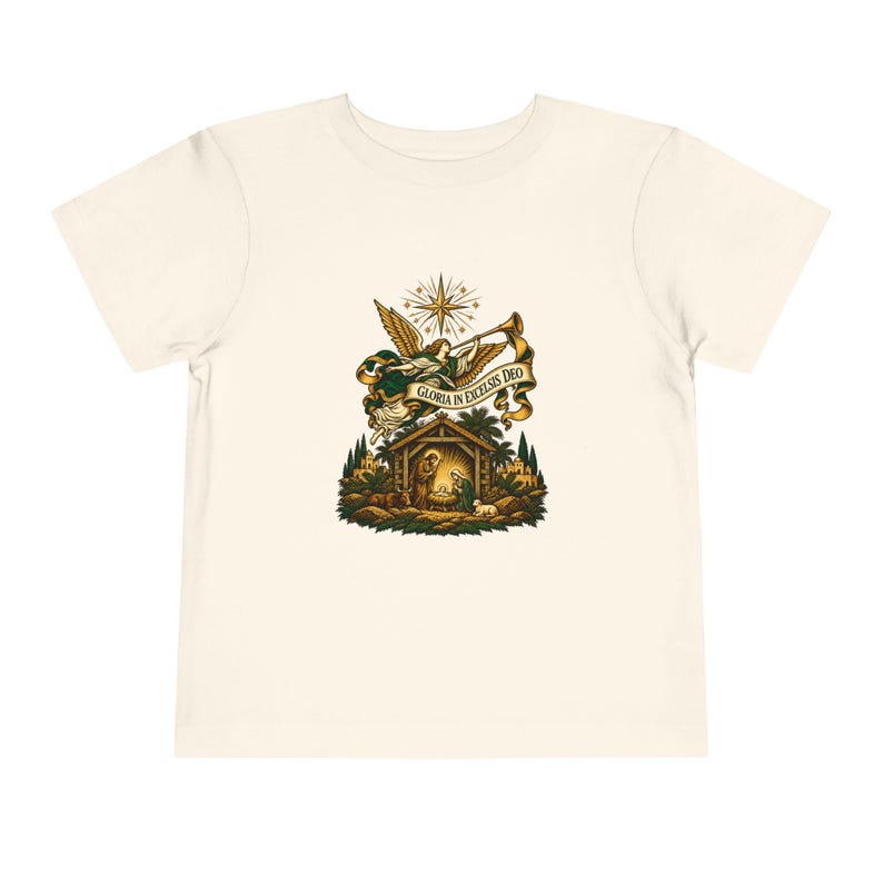 Camiseta infantil con trompeta de ángel heraldo, Gloria a Dios en las alturas, Camiseta navideña, Regalo cristiano de Navidad para niños pequeños, Natividad imagen 4