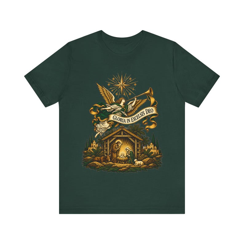 Christmas Angel Shirt, Gloria in Excelsis Deo Herald Tee, Vintage Nativity Art, Christian Gift for Choir, Bethlehem Star, Catholic Holiday image 3