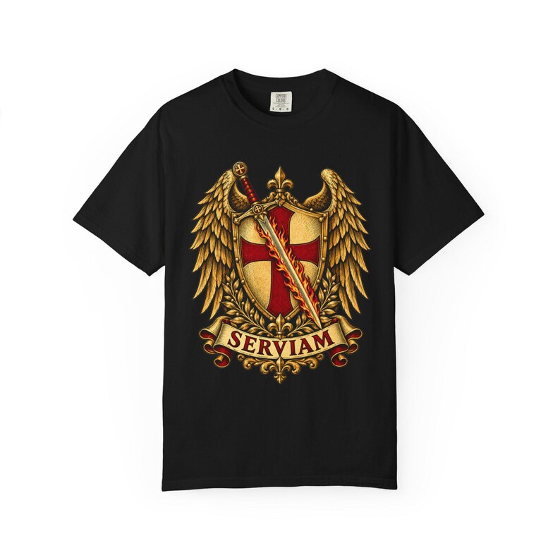 Archangel Michael Emblem Tee, Bold Sticker Style Shield and Wings, I Will Serve Catholic Gift for Veteran or Police Officer, Comfort Colors image 5