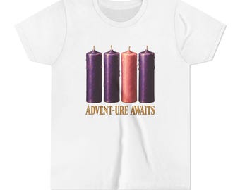 Kids Advent-ure Awaits Shirt, Youth Catholic Advent Tee, Advent Wreath Candles, Christmas Countdown Gift for Kids