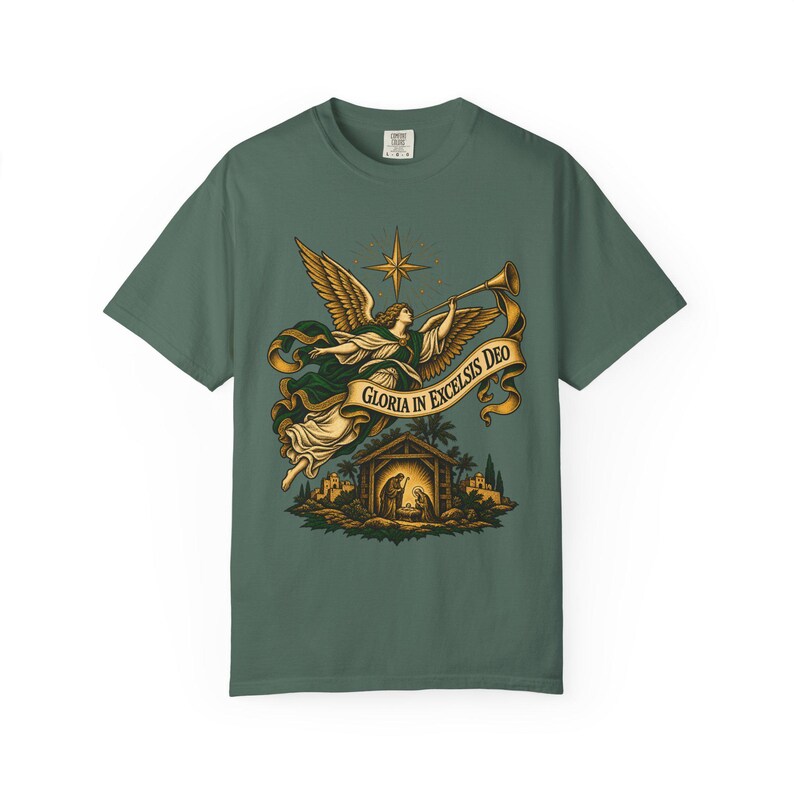 Nativity Angel Tee, Gloria in Excelsis Deo Trumpet, Christian Christmas Gift for Parents, Star of Bethlehem Holy Family Art, Comfort Colors image 5