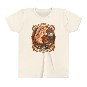Camiseta infantil con la oración del Ángel de Dios, camiseta juvenil del Ángel Guardián, regalo católico para niños "Mi querido Guardián", arte vintage de puente otoñal. imagen 6