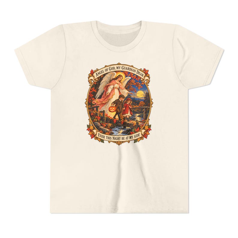 Camiseta infantil con la oración del Ángel de Dios, camiseta juvenil del Ángel Guardián, regalo católico para niños "Mi querido Guardián", arte vintage de puente otoñal. imagen 6