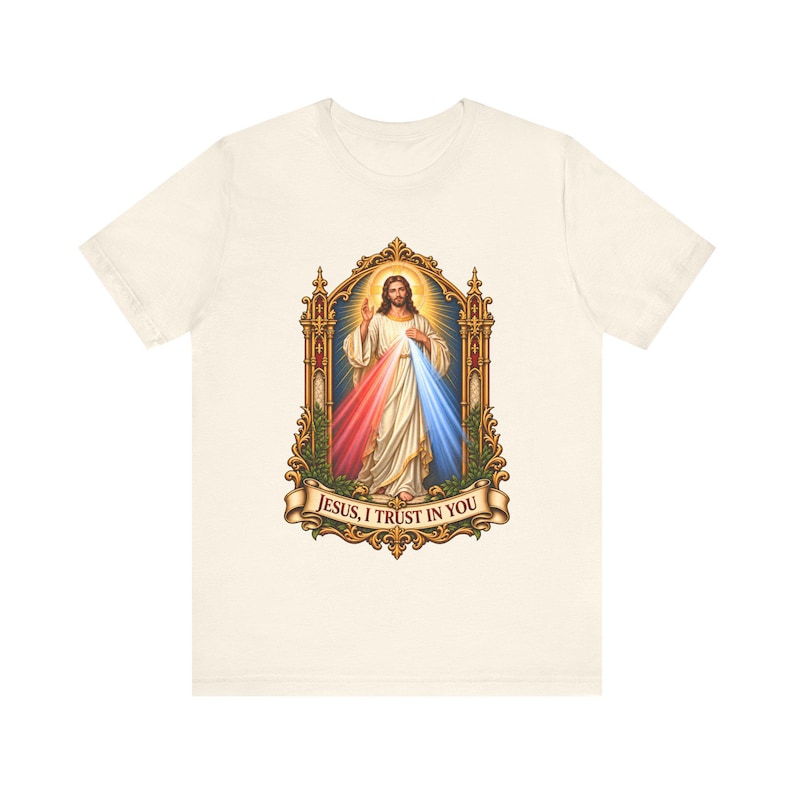 Divine Mercy Shirt, Jesus I Trust in You Tee, Gothic Gold Frame Holy Image, Catholic Gift for Women, St Faustina Easter Octave image 3