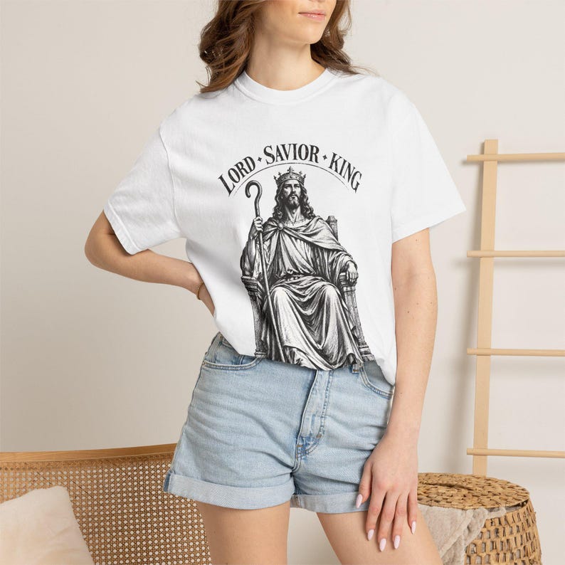 King of Kings Tee, Vintage Woodcut Jesus Enthroned, Solemnity of Christ Gift for Husband or Priest, Catholic Unisex Shirt, Comfort Colors image 1