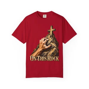 On This Rock Comfort Colors Shirt | Catholic Climbing T-Shirt | Gift for Rock Climber | Hand on Rock with Cross image 8