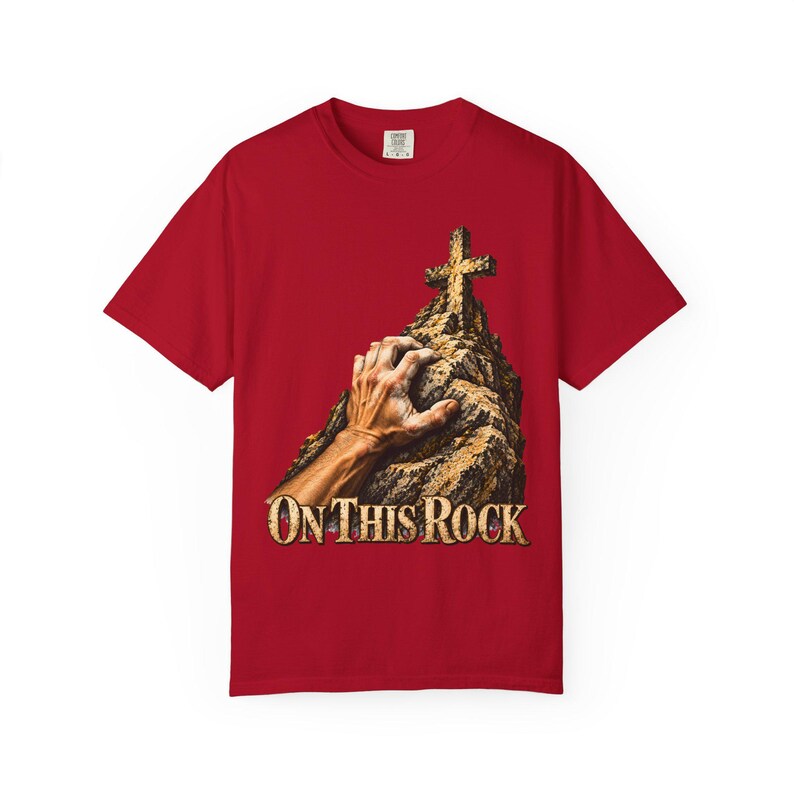 On This Rock Comfort Colors Shirt | Catholic Climbing T-Shirt | Gift for Rock Climber | Hand on Rock with Cross image 8