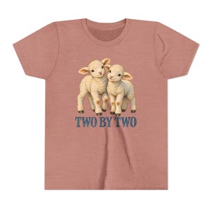 Kinder T-shirt 'Twee aan Twee', T-shirt voor jongeren met afbeelding van een tweelinglammetjes, Christelijk cadeau met de ark van Noach voor tweelingen of broers en zussen, Vintage lammetjeskunst afbeelding 3