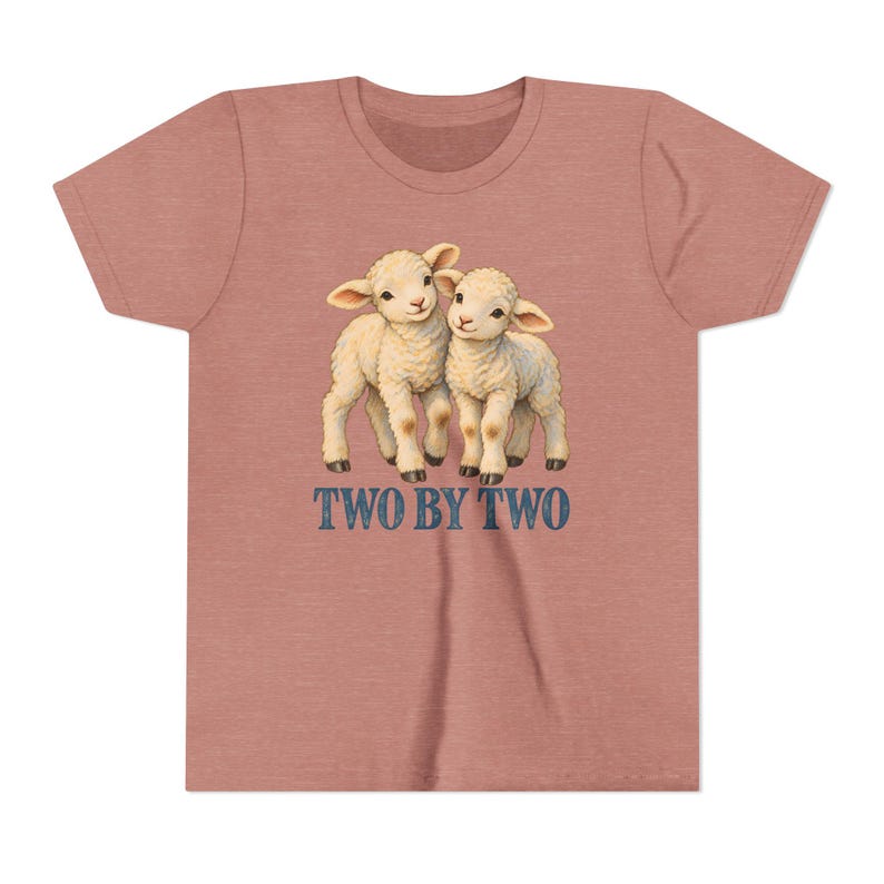 Kinder T-shirt 'Twee aan Twee', T-shirt voor jongeren met afbeelding van een tweelinglammetjes, Christelijk cadeau met de ark van Noach voor tweelingen of broers en zussen, Vintage lammetjeskunst afbeelding 3