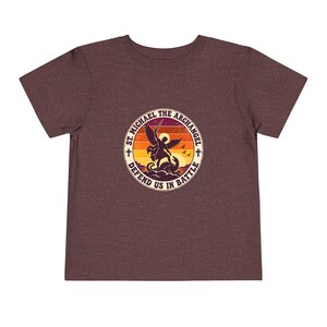 Toddler Retro St Michael Badge Tee, Defend Us in Battle Shirt, Catholic Gift for Toddlers, Archangel Slaying Dragon Sunset image 18