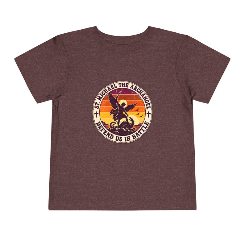Toddler Retro St Michael Badge Tee, Defend Us in Battle Shirt, Catholic Gift for Toddlers, Archangel Slaying Dragon Sunset image 18
