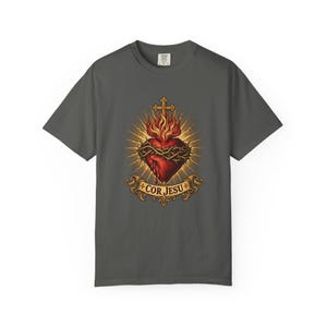 Sacred Heart Sunburst Tee, Cor Jesu Blazing Golden Rays, Crown of Thorns Catholic Religious Gift for Him or Her, Comfort Colors image 8