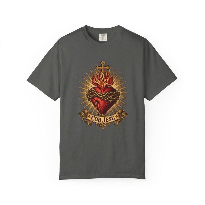 Sacred Heart Sunburst Tee, Cor Jesu Blazing Golden Rays, Crown of Thorns Catholic Religious Gift for Him or Her, Comfort Colors image 8
