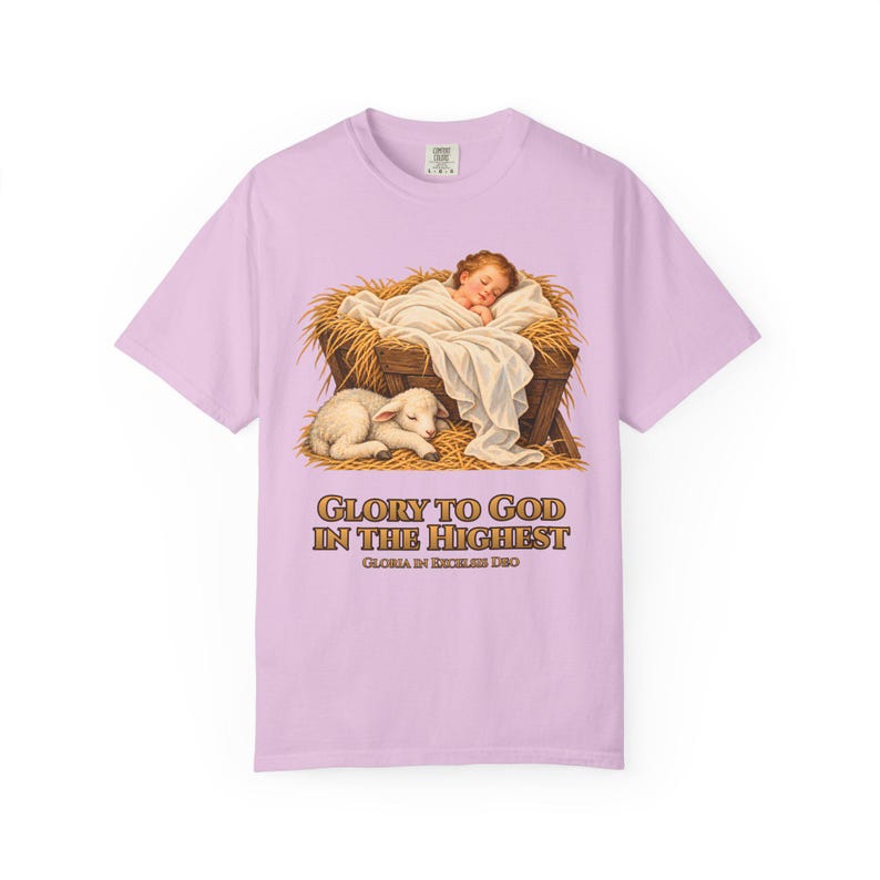 Glory to God in the Highest Comfort Colors Shirt | Catholic Christmas Nativity T-Shirt | Christmas Gift | Christ Child with Lamb image 9