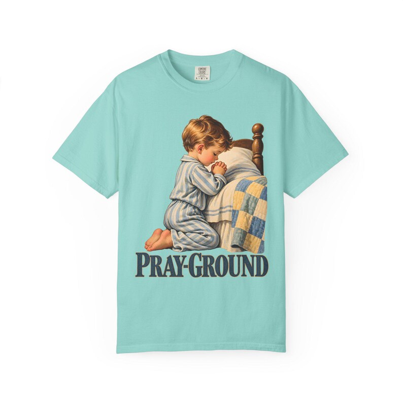 Pray-Ground Comfort Colors Shirt | Catholic Prayer T-Shirt | Gift for Catholic Family | Child Kneeling in Prayer image 3