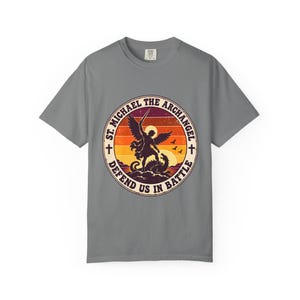 Retro St Michael Badge Tee, Defend Us in Battle Sunset, Archangel Slaying Dragon, Vintage Catholic Shirt, Men's Gift, Comfort Colors image 4