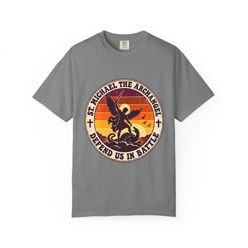Retro St Michael Badge Tee, Defend Us in Battle Sunset, Archangel Slaying Dragon, Vintage Catholic Shirt, Men's Gift, Comfort Colors image 4