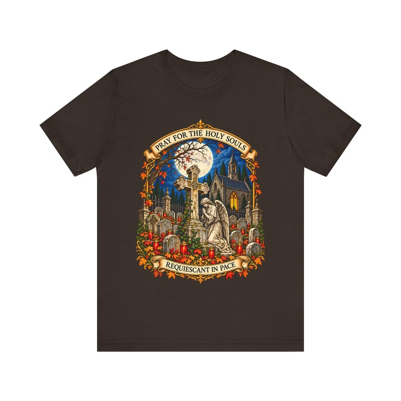 Camiseta "Pray for the Holy Souls", Camiseta católica "Requiescant in Pace" del Purgatorio, Regalo de recuerdo de noviembre, Arte de ángel de cementerio, Camiseta Bella Canvas imagen 8
