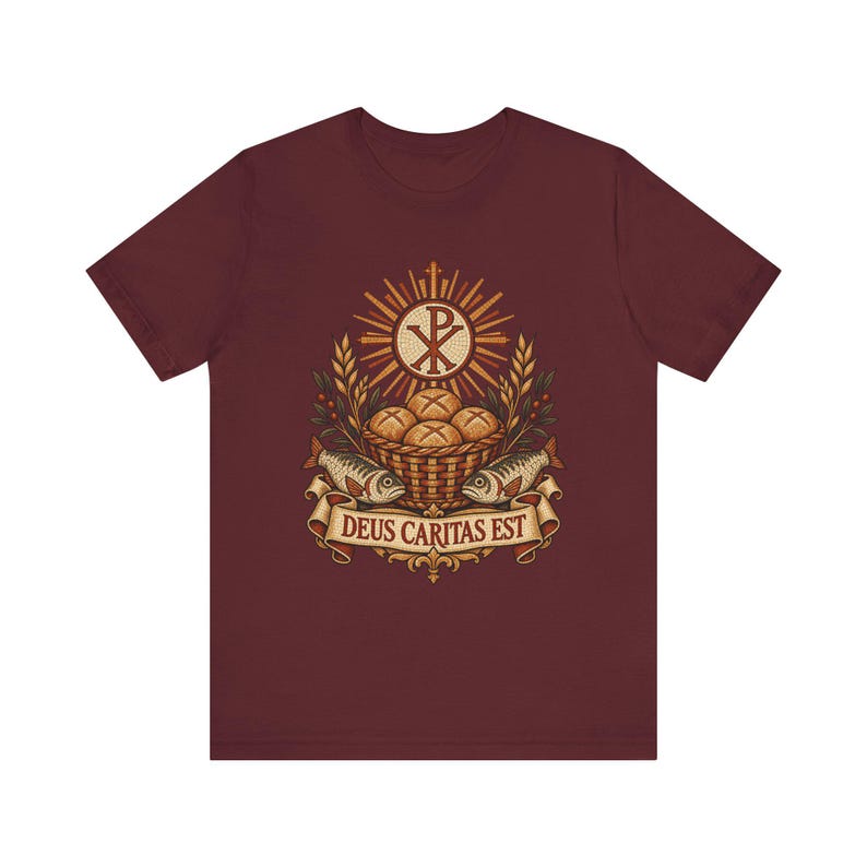 Deus Caritas Est Shirt, Loaves and Fishes Mosaic Tee, Chi Rho Early Christian Art, Catholic Volunteer Gift, Ichthys Fish and Bread Apparel image 7