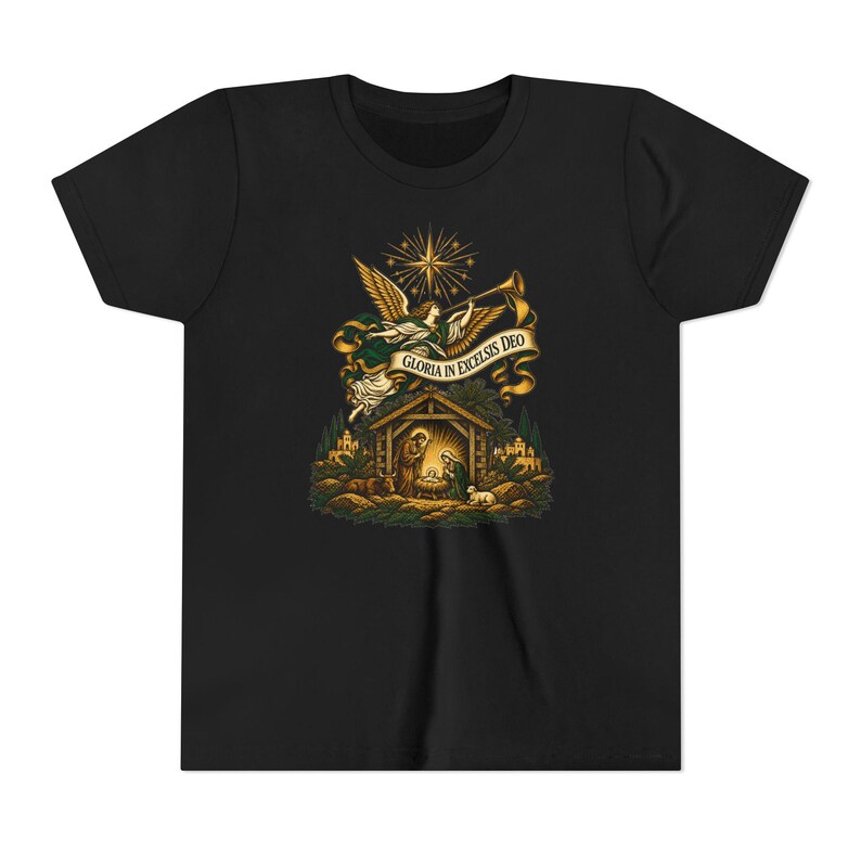 Kids Herald Angel Trumpet Shirt, Youth Glory to God in the Highest Tee, Christian Christmas Gift for Kids, Vintage Nativity image 5