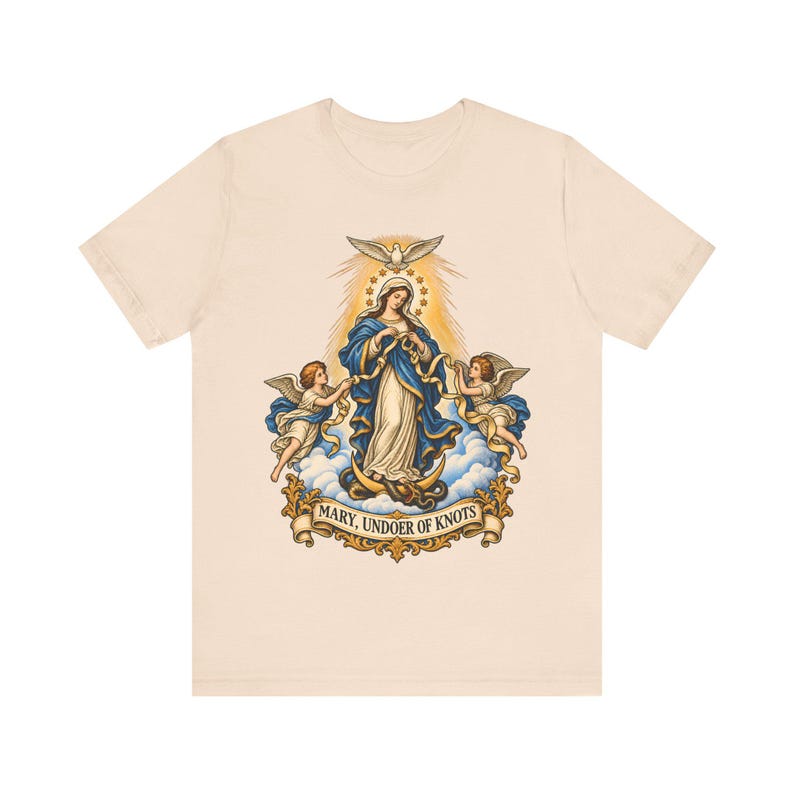 結び目を解く聖母マリアTシャツ、リボンを解く聖母マリアTシャツ、女性へのカトリックのノベナギフト、マリア祈祷アパレル 画像 3