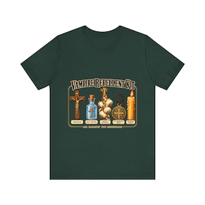 Vampire Repellent Kit Shirt, Funny Catholic Halloween Tee, Crucifix Garlic and St Benedict Medal Art, All Hallows Eve Gift, Bella Canvas Tee image 3