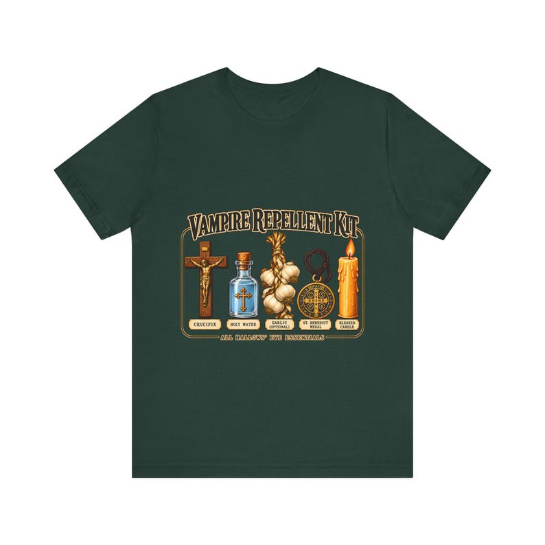 Vampire Repellent Kit Shirt, Funny Catholic Halloween Tee, Crucifix Garlic and St Benedict Medal Art, All Hallows Eve Gift, Bella Canvas Tee image 3