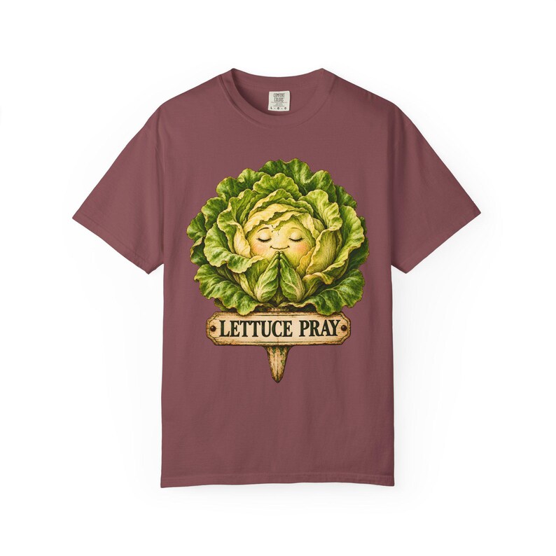 Lettuce Pray Comfort Colors Shirt | Funny Christian T-Shirt | Gift for Gardener | Vintage Lettuce with Garden Sign image 2