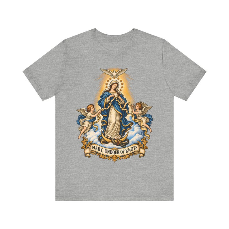 結び目を解く聖母マリアTシャツ、リボンを解く聖母マリアTシャツ、女性へのカトリックのノベナギフト、マリア祈祷アパレル 画像 5