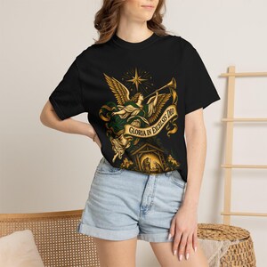 Nativity Angel Tee, Gloria in Excelsis Deo Trumpet, Christian Christmas Gift for Parents, Star of Bethlehem Holy Family Art, Comfort Colors image 1