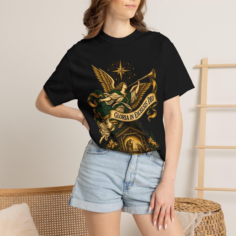 Nativity Angel Tee, Gloria in Excelsis Deo Trumpet, Christian Christmas Gift for Parents, Star of Bethlehem Holy Family Art, Comfort Colors image 1