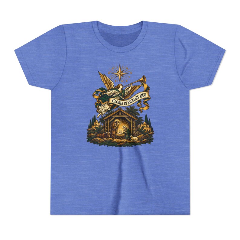 Kids Herald Angel Trumpet Shirt, Youth Glory to God in the Highest Tee, Christian Christmas Gift for Kids, Vintage Nativity image 10