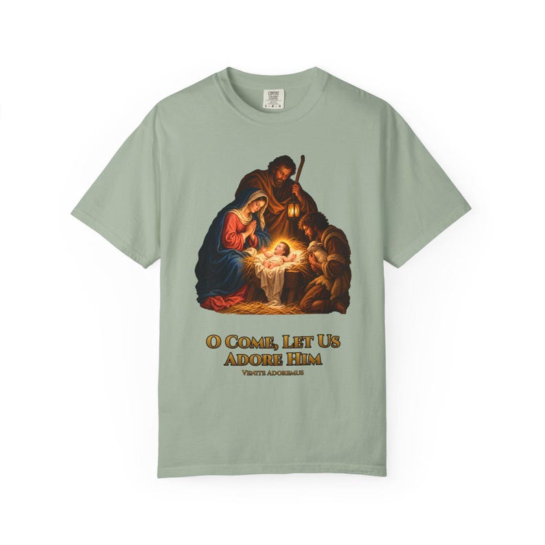 O Come Let Us Adore Him Comfort Colors Shirt | Catholic Christmas Nativity T-Shirt | Christmas Gift | Holy Family at the Manger image 4