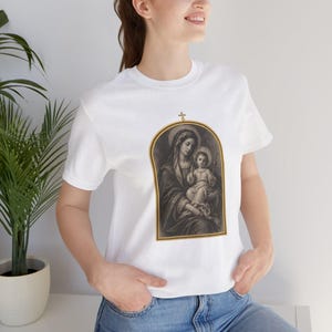 Virgin Mary Shirt, Madonna and Child Charcoal Sketch, Blessed Mother Catholic Gift for Mom, Vintage Marian Art Tee, Baby Jesus Top image 1