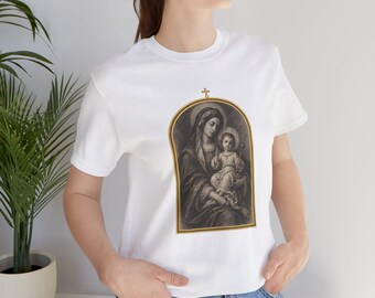 Camiseta de la Virgen María, Boceto a carboncillo de la Virgen y el Niño, Regalo católico para mamá, Camiseta vintage de arte mariano, Camiseta del Niño Jesús