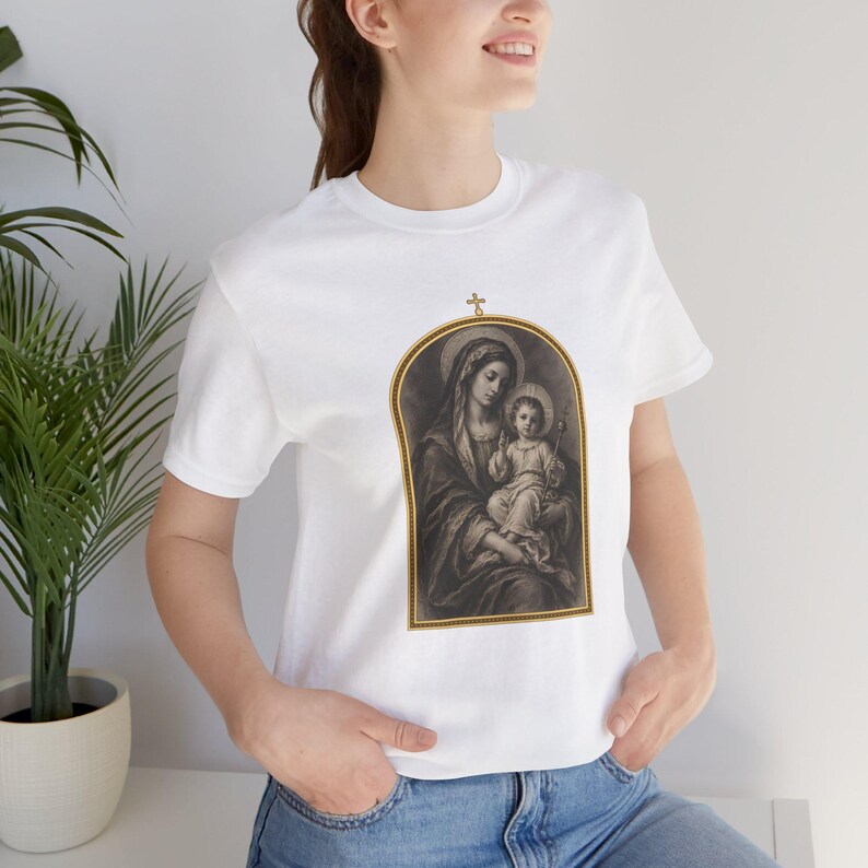Virgin Mary Shirt, Madonna and Child Charcoal Sketch, Blessed Mother Catholic Gift for Mom, Vintage Marian Art Tee, Baby Jesus Top image 1