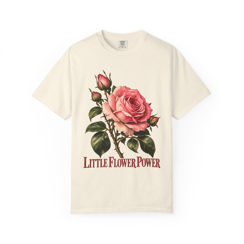 Little Flower Power Comfort Colors Shirt | St Therese Catholic T-Shirt | Gift for Catholic Women | Vintage Pink Roses image 2