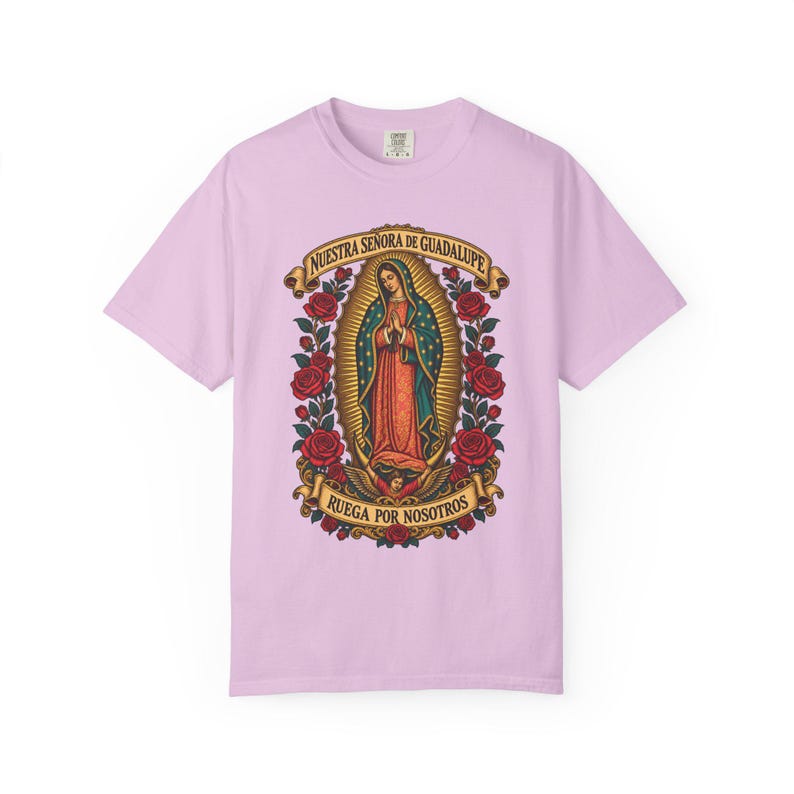 Nuestra Señora de Guadalupe Tee, Virgin of Tepeyac with Roses, Mexican Catholic Gift, Hispanic Mom Apparel, Dec 12 Feast Day, Comfort Colors image 9
