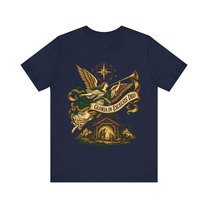 Gloria in Excelsis Deo Shirt, Catholic Christmas Nativity Tee, Herald Angel Trumpet and Star of Bethlehem, Christian Holiday Gift for Choir image 7