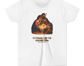 Maglietta per bambini "Venite, adoriamolo", maglietta natalizia per ragazzi con tema Natività, regalo di Natale cattolico per bambini, Sacra Famiglia Venite Adoremus