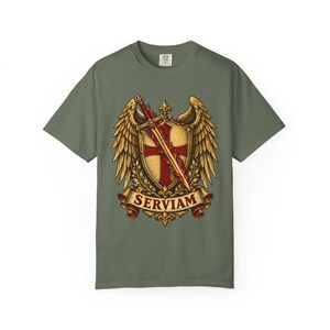 Saint Michael Heraldic Crest Tee, Golden Winged Shield, I Will Serve, Defend Us in Battle Gift for Veteran or Police, Comfort Colors image 4