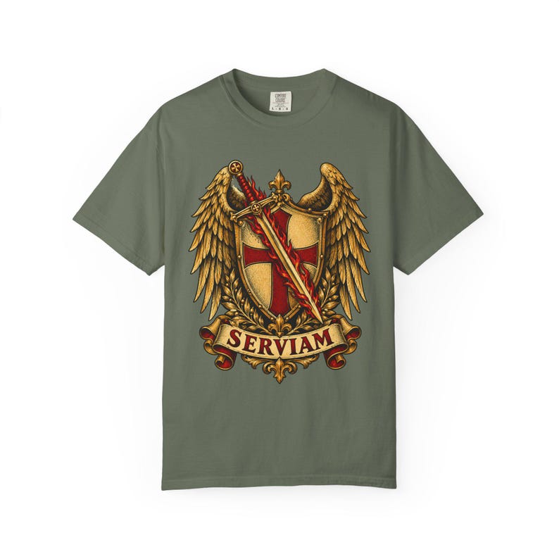 Saint Michael Heraldic Crest Tee, Golden Winged Shield, I Will Serve, Defend Us in Battle Gift for Veteran or Police, Comfort Colors image 4
