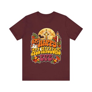 Catholic Halloween Tee, Retro Groovy All Hallows Eve Shirt, Cross Moon Ghost (Adults) image 9