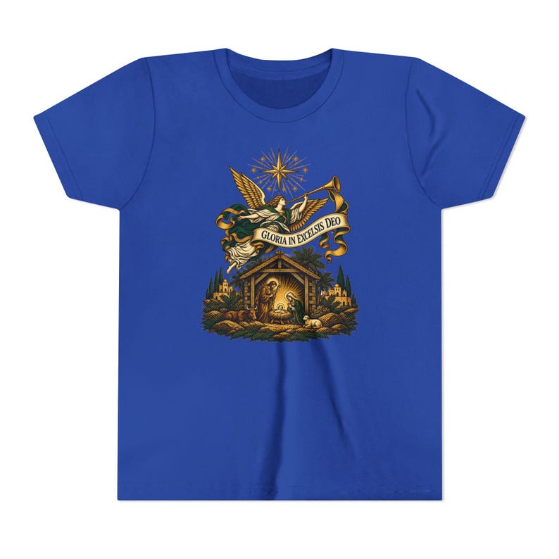 Kids Herald Angel Trumpet Shirt, Youth Glory to God in the Highest Tee, Christian Christmas Gift for Kids, Vintage Nativity image 11