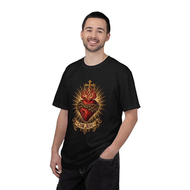 Sacred Heart Sunburst Tee, Cor Jesu Blazing Golden Rays, Crown of Thorns Catholic Religious Gift for Him or Her, Comfort Colors image 10