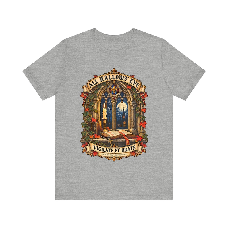 Maglietta di Ognissanti / Maglietta cattolica di Halloween / Regalo gotico / Vigilate et Orate, Finestra della chiesa illuminata dalla luna immagine 6